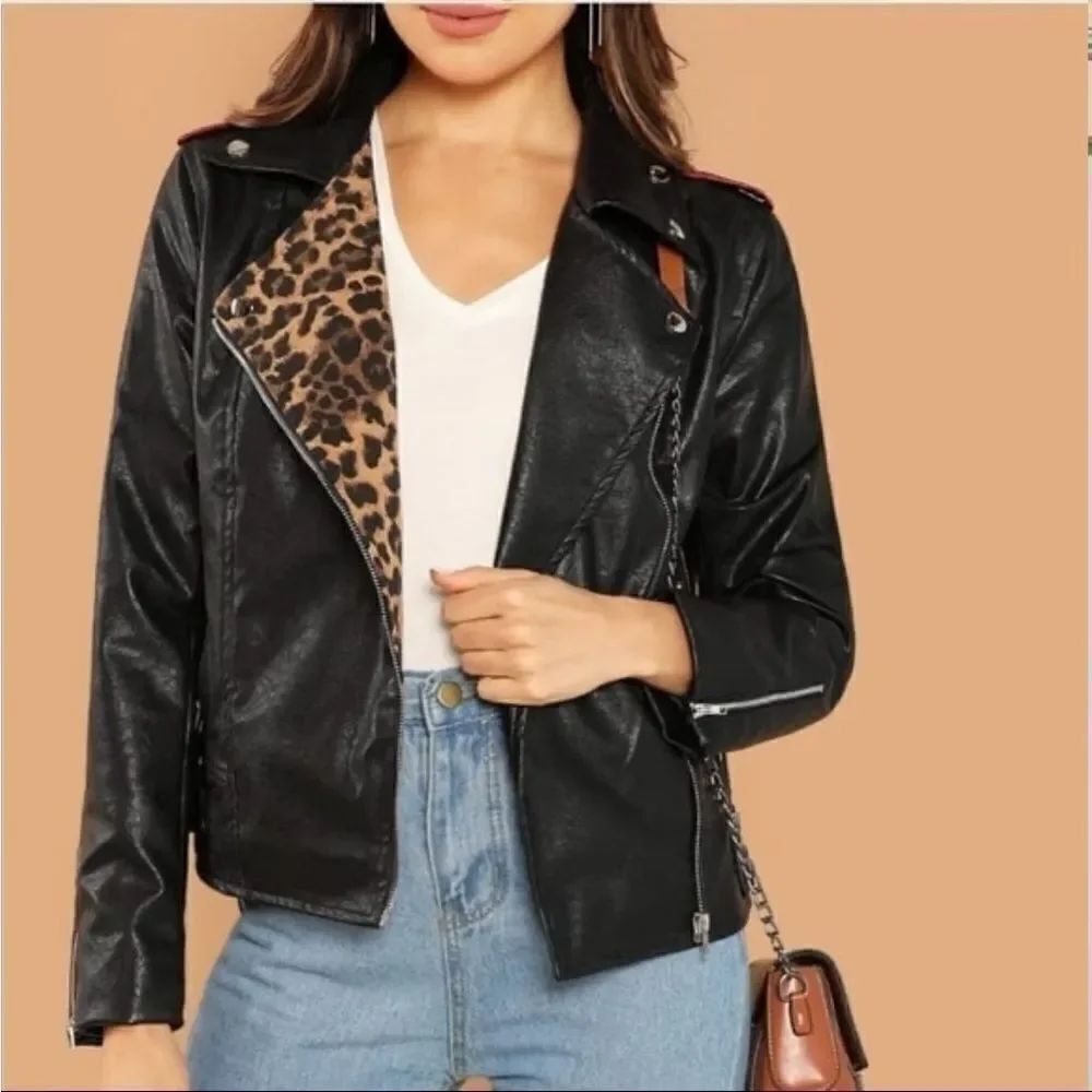BCBGMAXAZRIA BCBG MAXAZRIA Black Leather Moto Jacket with Leopard Accent S